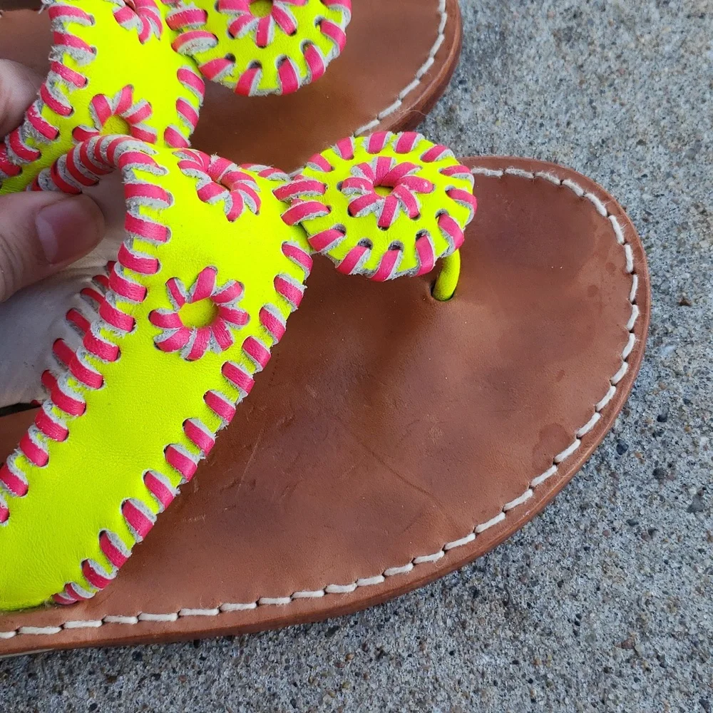 Palm Beach Handmade Leather Neon Green Pink Sandals Size 8 Beachy Tropical USA - Picture 8 of 16